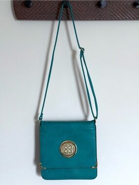 Green Blue Faux Leather Gold Hardware Accordion Flap Shoulder Crossbody Bag